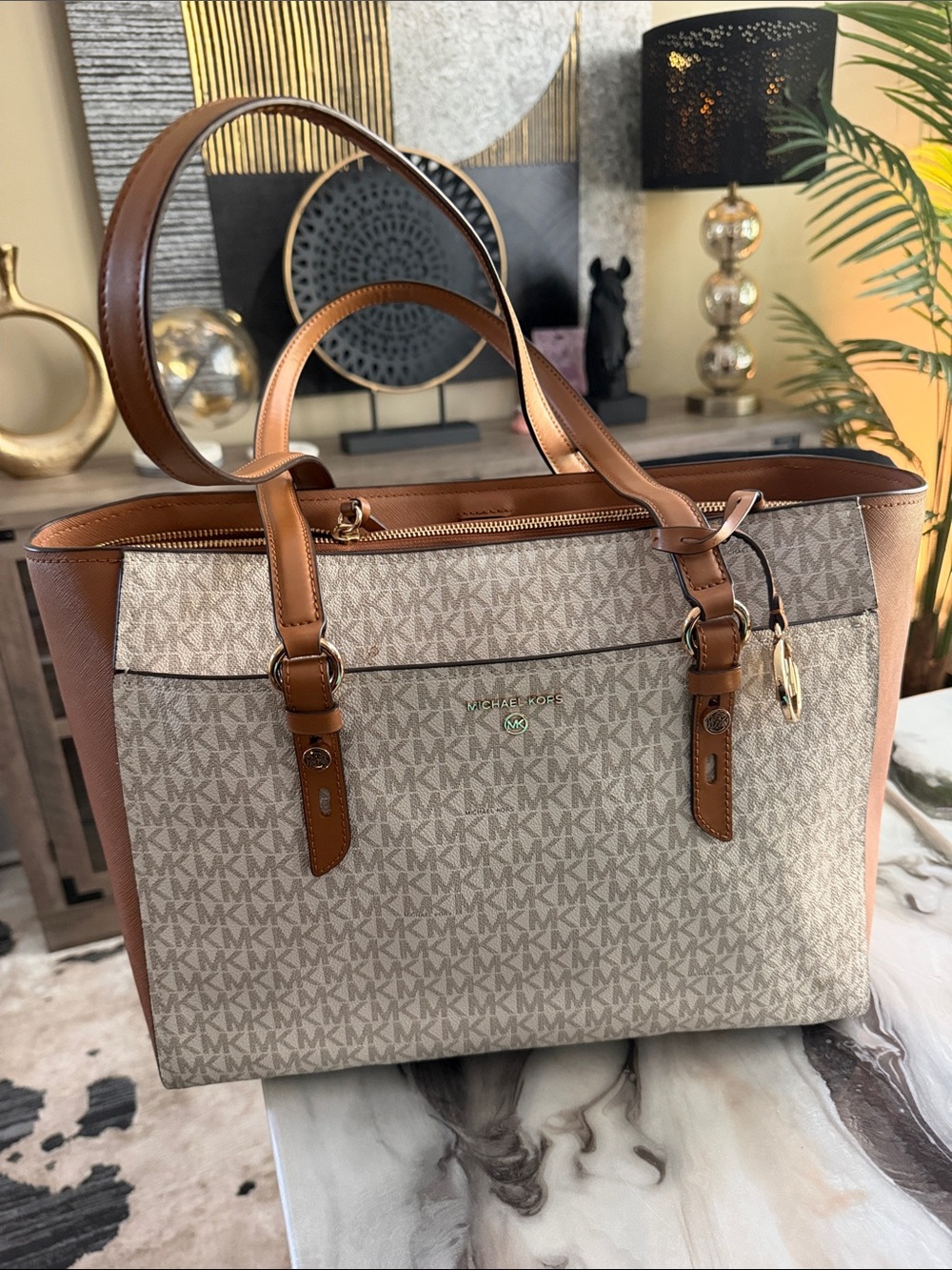 Michael Kors Beige & Brown MK Signature Tote